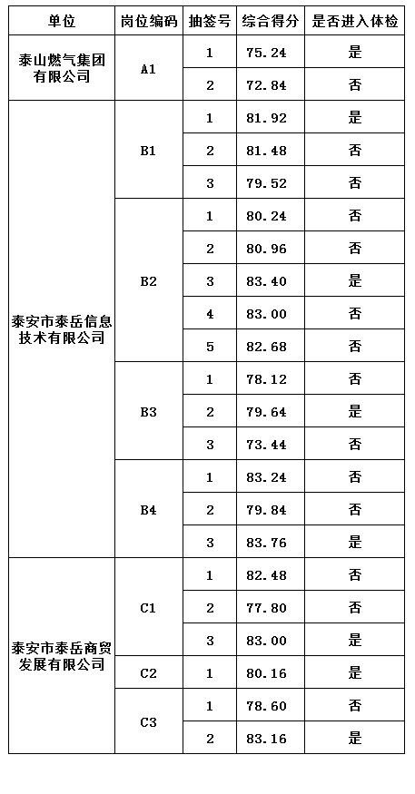 泰安市泰山城建集团有限公司部分权属企业带职务人员  综合成绩及进入体检人员名单公告