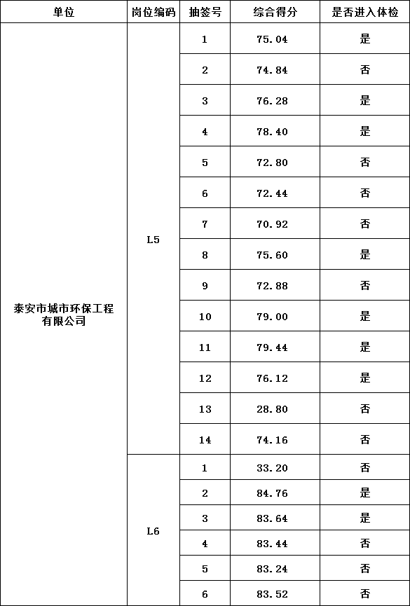 泰安市泰山城建集团有限公司部分权属企业工作人员 综合成绩及进入体检人员名单公告